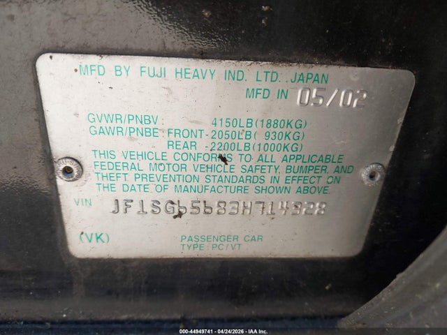 2003 Subaru Forester Xs მანქანა იყიდება აუქციონზე, vin: JF1SG65683H714328, აუქციონის ნომერი: 44949741