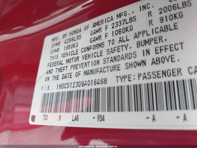 44949745 :رقم المزاد ، 1HGCS12309A016468 vin ، 2009 Honda Accord 2.4 Lx-s مزاد بيع