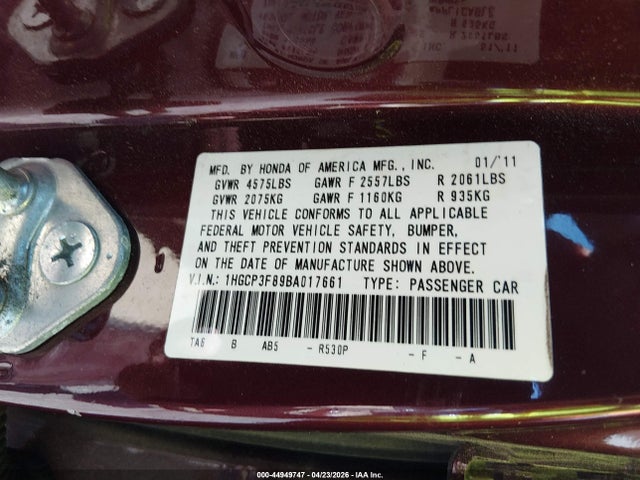 44949747 :رقم المزاد ، 1HGCP3F89BA017661 vin ، 2011 Honda Accord 3.5 Ex-l مزاد بيع