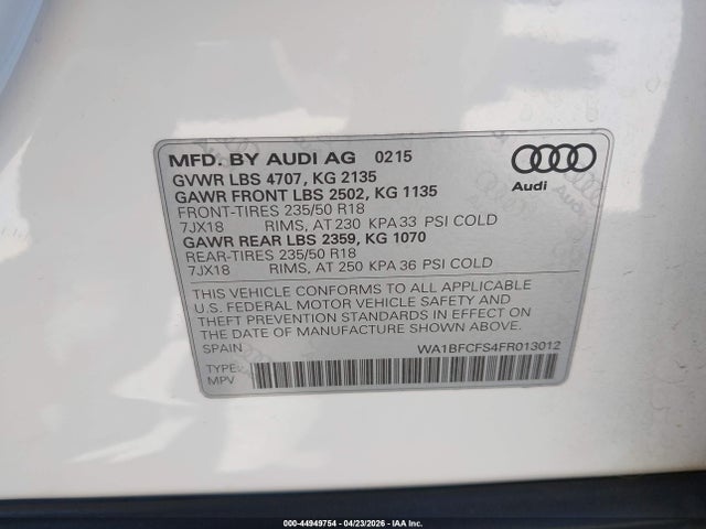 Продажа на аукционе авто 2015 Audi Q3 2.0t Premium Plus, vin: WA1BFCFS4FR013012, номер лота: 44949754