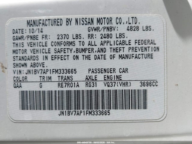 Aukcja sprzedaży 2015 Infiniti Q50 Premium, vin: JN1BV7AP1FM333665, numer aukcji: 44949759