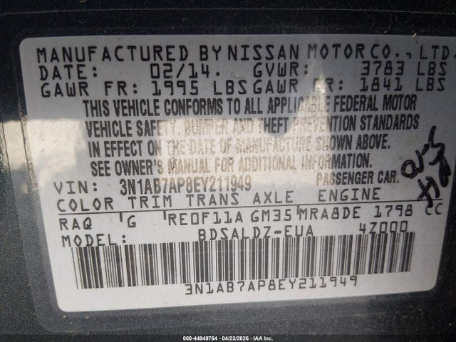 Продажа на аукционе авто 2014 Nissan Sentra Fe+ S/fe+ Sv/s/sl/sr/sv, vin: 3N1AB7AP8EY211949, номер лота: 44949764