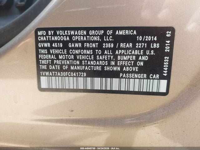 Продаж на аукціоні авто 2015 Volkswagen Passat 1.8t Wolfsburg Edition, vin: 1VWAT7A30FC041729, номер лоту: 44949769