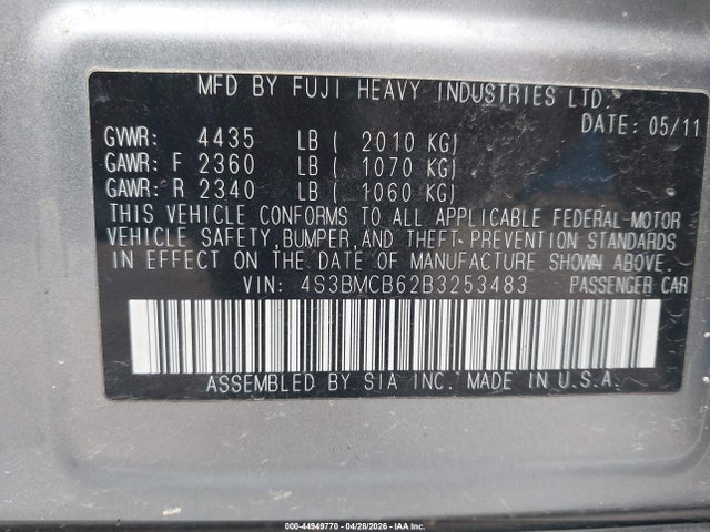 2011 Subaru Legacy 2.5i Premium მანქანა იყიდება აუქციონზე, vin: 4S3BMCB62B3253483, აუქციონის ნომერი: 44949770