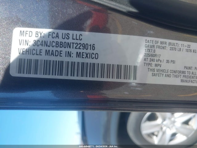 44949771 :رقم المزاد ، 3C4NJCBB0NT229016 vin ، 2022 Jeep Compass Latitude Fwd مزاد بيع