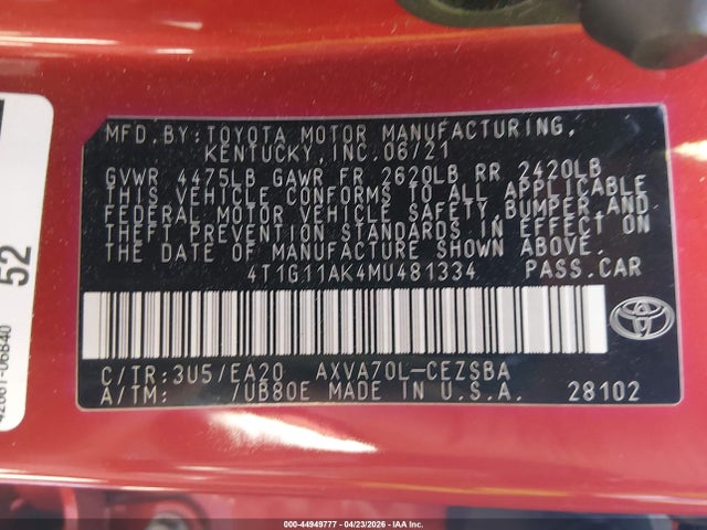 4T1G11AK4MU481334 Toyota CAMRY SE
