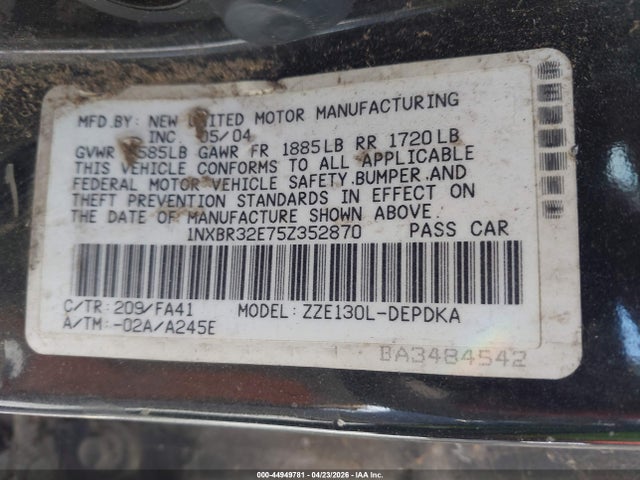 2005 Toyota Corolla Ce მანქანა იყიდება აუქციონზე, vin: 1NXBR32E75Z352870, აუქციონის ნომერი: 44949781