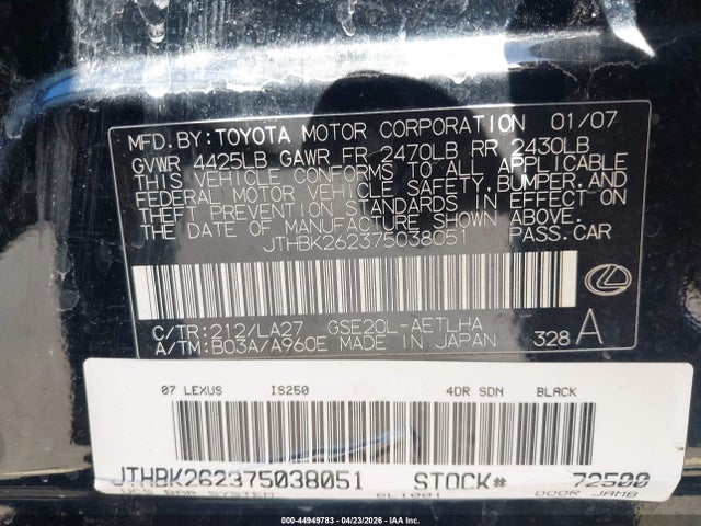 Aukcja sprzedaży 2007 Lexus Is 250, vin: JTHBK262375038051, numer aukcji: 44949783