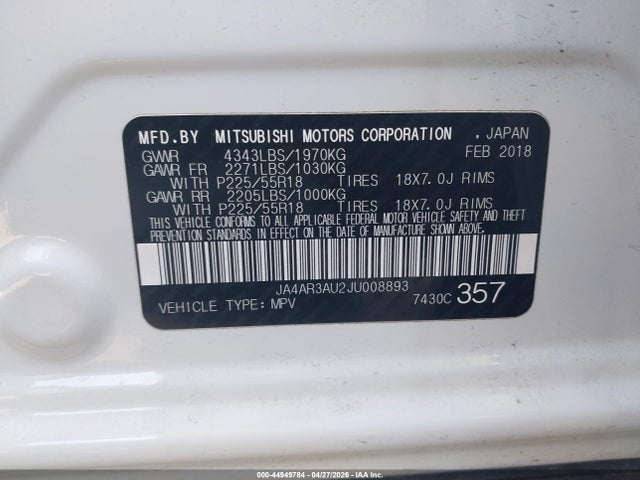 Aukcja sprzedaży 2018 Mitsubishi Outlander Sport Es/se, vin: JA4AR3AU2JU008893, numer aukcji: 44949784