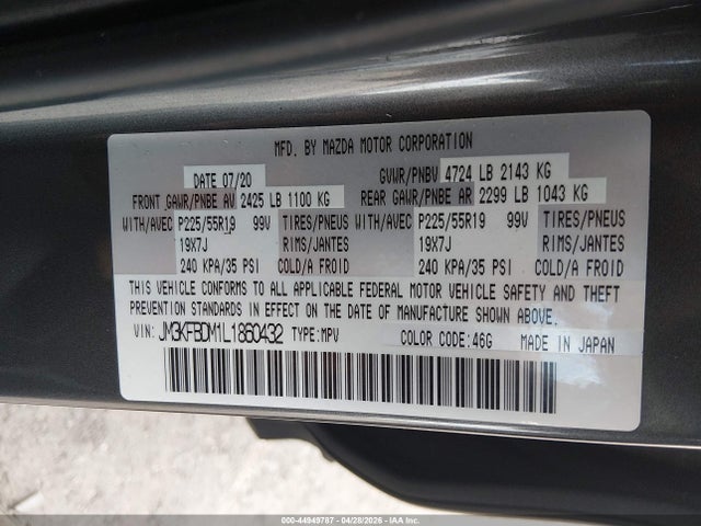 44949787 :رقم المزاد ، JM3KFBDM1L1860432 vin ، 2020 Mazda Cx-5 Grand Touring مزاد بيع