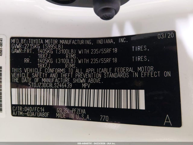 Продаж на аукціоні авто 2020 Toyota Sienna Le, vin: 5TDJZ3DC8LS246439, номер лоту: 44949791