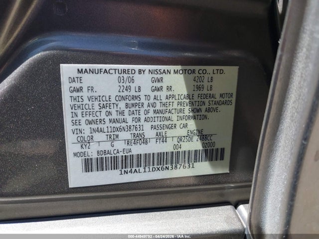 Aukcja sprzedaży 2006 Nissan Altima 2.5 S, vin: 1N4AL11DX6N387631, numer aukcji: 44949792