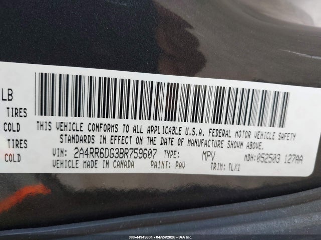 2011 Chrysler Town & Country Limited მანქანა იყიდება აუქციონზე, vin: 2A4RR6DG3BR759607, აუქციონის ნომერი: 44949801