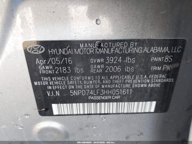 Продаж на аукціоні авто 2017 Hyundai Elantra Se, vin: 5NPD74LF3HH051611, номер лоту: 44949805