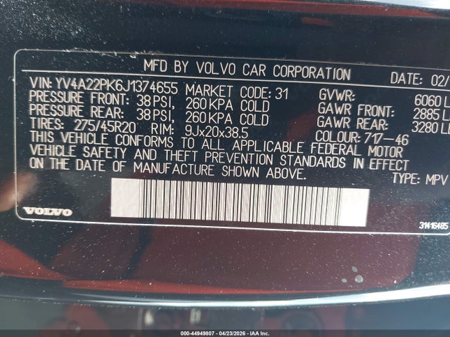 Продаж на аукціоні авто 2018 Volvo Xc90 T6 Momentum, vin: YV4A22PK6J1374655, номер лоту: 44949807