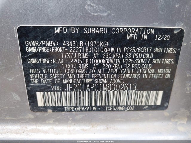 44949812 :رقم المزاد ، JF2GTAPC1M8302613 vin ، 2021 Subaru Crosstrek Premium مزاد بيع