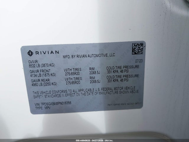 Продаж на аукціоні авто 2023 Rivian R1s Adventure, vin: 7PDSGABAXPN016356, номер лоту: 44949820