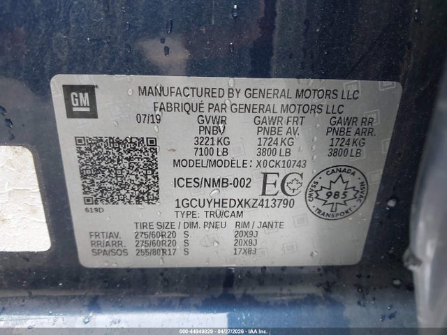 Aukcja sprzedaży 2019 Chevrolet Silverado 1500 High Country, vin: 1GCUYHEDXKZ413790, numer aukcji: 44949829