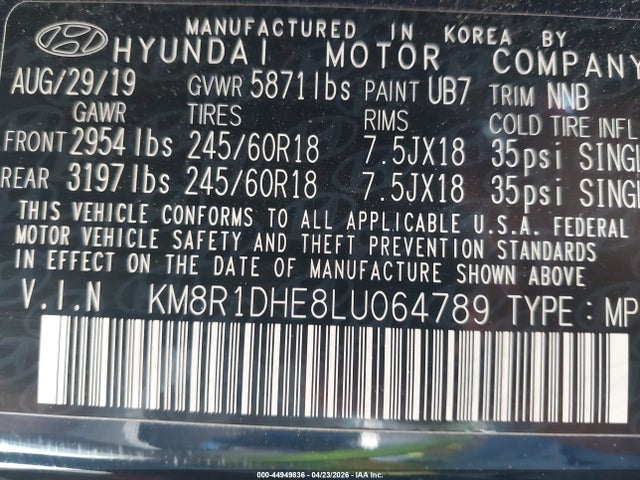 44949836 :رقم المزاد ، KM8R1DHE8LU064789 vin ، 2020 Hyundai Palisade Se مزاد بيع