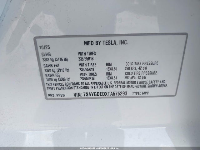 44949837 :رقم المزاد ، 7SAYGDEDXTA575293 vin ، 2026 Tesla Model Y Premium Rear-wheel Drive/standard Rear-wheel Drive مزاد بيع