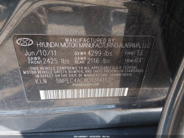 44949841 :رقم المزاد ، 5NPEC4AC8CH314113 vin ، 2012 Hyundai Sonata Limited مزاد بيع