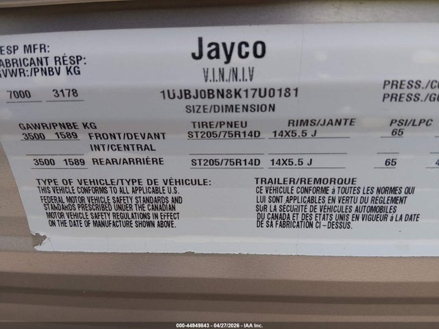 Продажа на аукционе авто 2019 Jayco Other, vin: 1UJBJ0BN8K17U0181, номер лота: 44949843