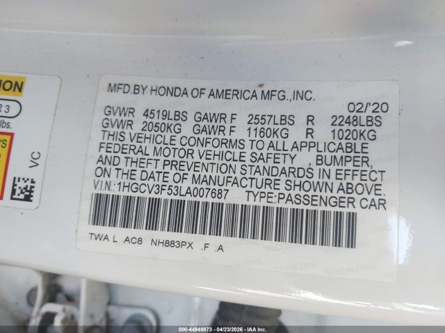 1HGCV3F53LA007687 Honda Accord Hybrid Ex-l