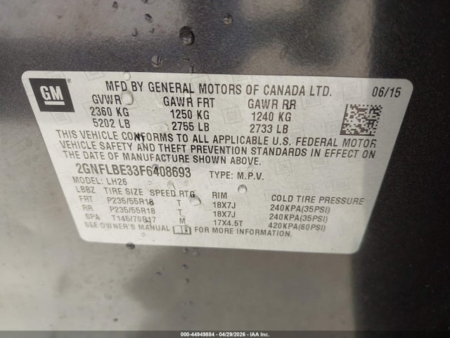 2015 Chevrolet Equinox 1lt მანქანა იყიდება აუქციონზე, vin: 2GNFLBE33F6408693, აუქციონის ნომერი: 44949884