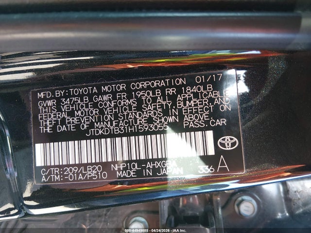 JTDKDTB31H1593055 Toyota Prius C Four