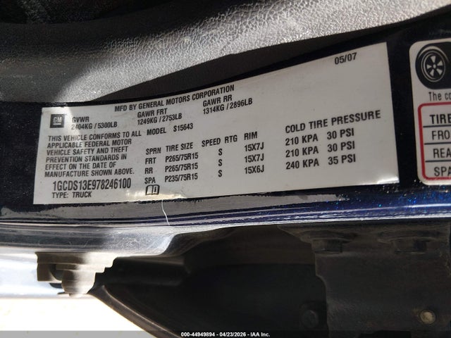 Продаж на аукціоні авто 2007 Chevrolet Colorado Lt, vin: 1GCDS13E978246100, номер лоту: 44949894