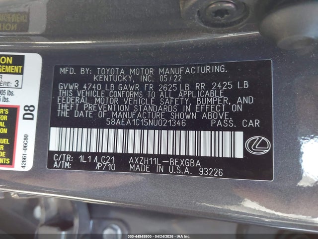 Aukcja sprzedaży 2022 Lexus Es 300h Luxury, vin: 58AEA1C15NU021346, numer aukcji: 44949900