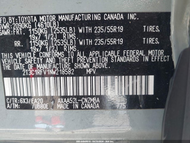 2022 Toyota Rav4 Xle Premium მანქანა იყიდება აუქციონზე, vin: 2T3C1RFV1NW218582, აუქციონის ნომერი: 44949910