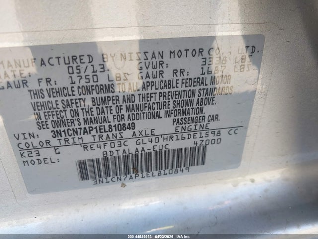 Nissan Versa 1.6 S 2014 3N1CN7AP1EL810849 Image 9