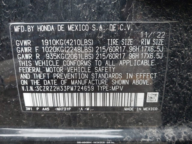44949944 :رقم المزاد ، 3CZRZ2H33PM724659 vin ، 2023 Honda Hr-v Awd Lx مزاد بيع