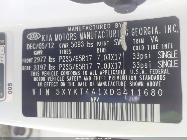 2013 Kia Sorento Lx მანქანა იყიდება აუქციონზე, vin: 5XYKT4A1XDG411680, აუქციონის ნომერი: 44949947