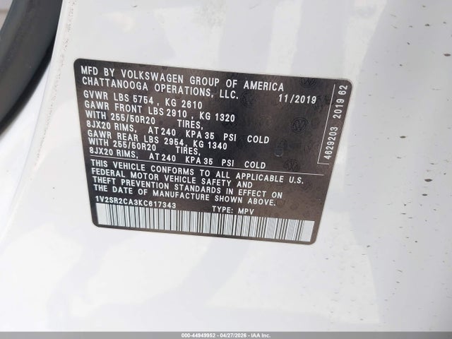 2019 Volkswagen Atlas 3.6l V6 Sel R-line მანქანა იყიდება აუქციონზე, vin: 1V2SR2CA3KC617343, აუქციონის ნომერი: 44949952