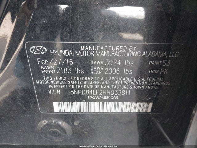 5NPD84LF2HH033811 Hyundai Elantra Limited