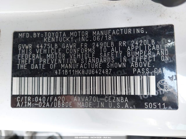 4T1B11HK8JU642487 Toyota CAMRY LE