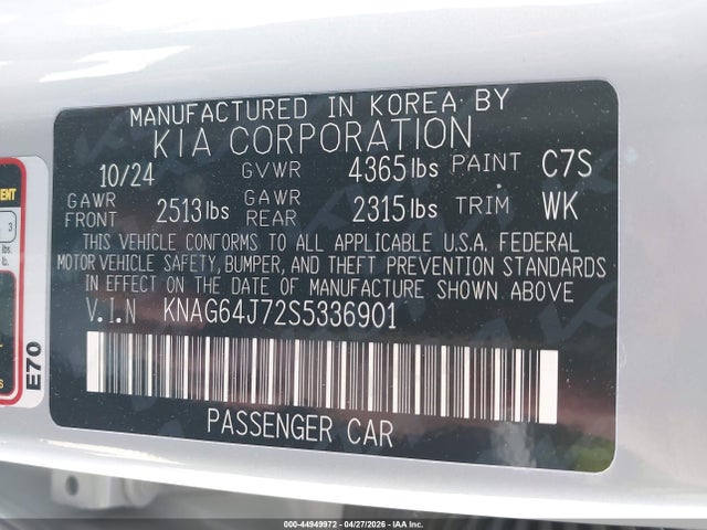 Aukcja sprzedaży 2025 Kia K5 Gt-line, vin: KNAG64J72S5336901, numer aukcji: 44949972