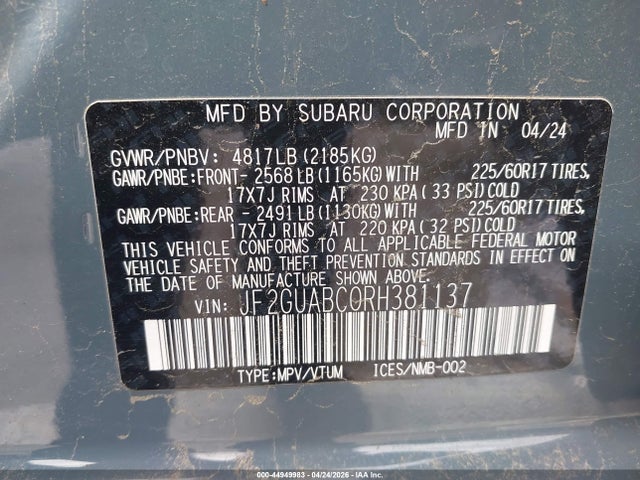 Продаж на аукціоні авто 2024 Subaru Crosstrek, vin: JF2GUABC0RH381137, номер лоту: 44949983