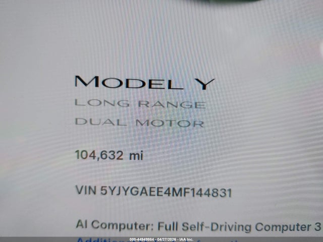5YJYGAEE4MF144831 Tesla Model Y Long Range Dual Motor All-wheel Drive