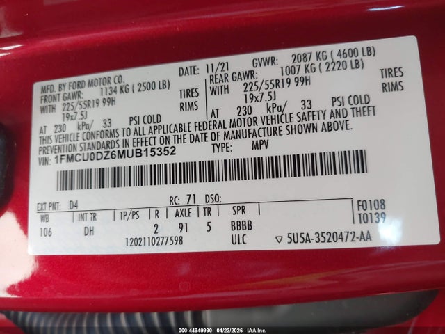2021 Ford Escape Titanium Hybrid მანქანა იყიდება აუქციონზე, vin: 1FMCU0DZ6MUB15352, აუქციონის ნომერი: 44949990