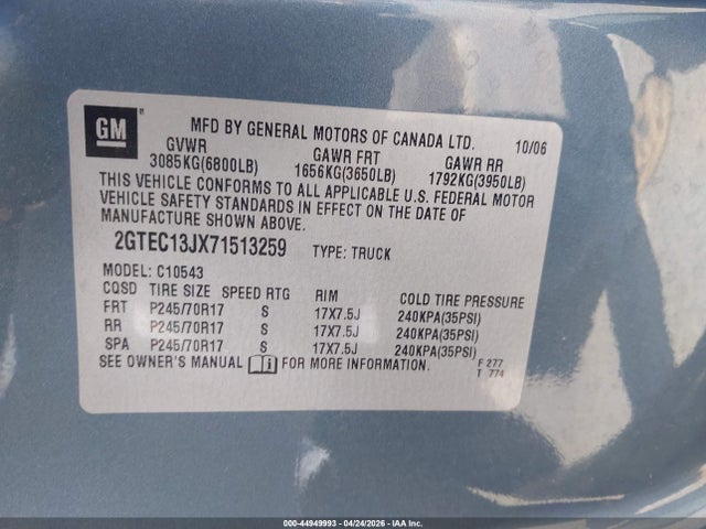 Auction sale of the 2007 Gmc Sierra 1500 Sle2, vin: 2GTEC13JX71513259, lot number: 44949993