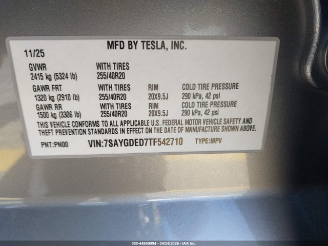 Aukcja sprzedaży 2026 Tesla Model Y, vin: 7SAYGDED7TF542710, numer aukcji: 44949994