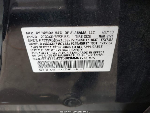 Продажа на аукционе авто 2013 Honda Pilot Lx, vin: 5FNYF3H23DB036846, номер лота: 44950005