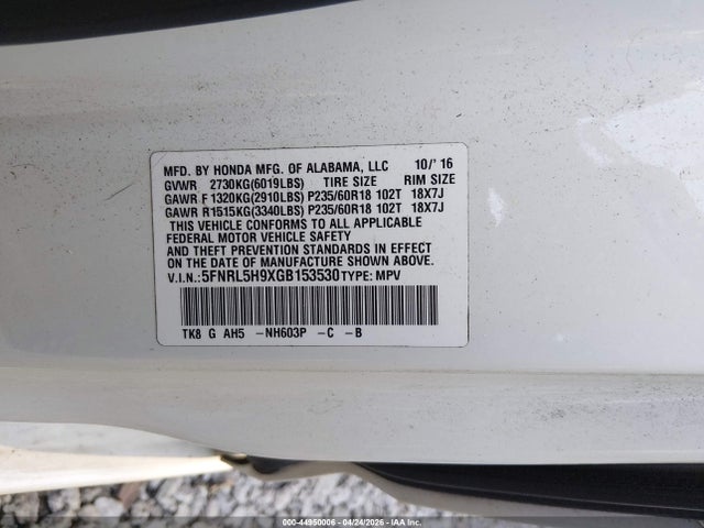 Продажа на аукционе авто 2016 Honda Odyssey Touring/touring Elite, vin: 5FNRL5H9XGB153530, номер лота: 44950006