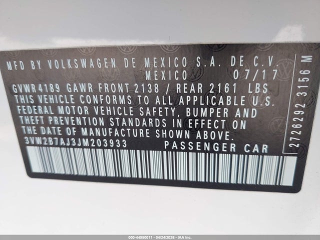 Aukcja sprzedaży 2018 Volkswagen Jetta 1.4t S, vin: 3VW2B7AJ3JM203933, numer aukcji: 44950011