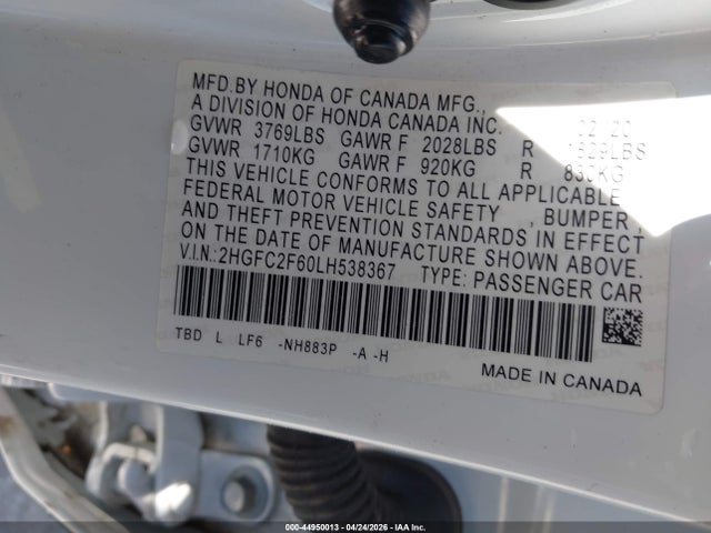 Продаж на аукціоні авто 2020 Honda Civic Lx, vin: 2HGFC2F60LH538367, номер лоту: 44950013