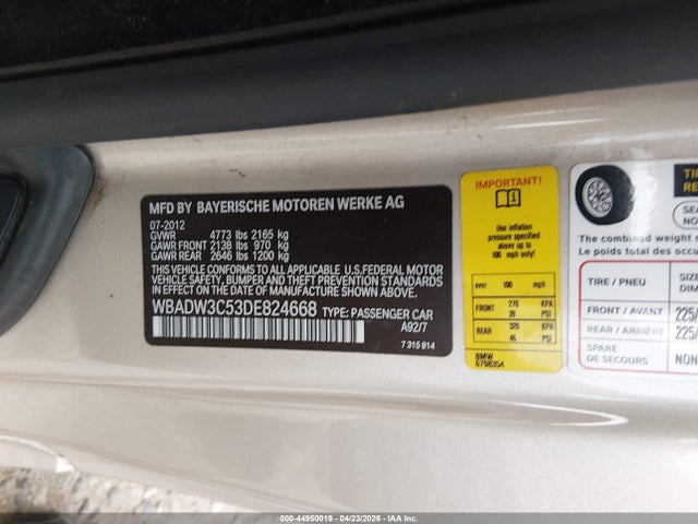 44950019 :رقم المزاد ، WBADW3C53DE824668 vin ، 2013 Bmw 328i مزاد بيع