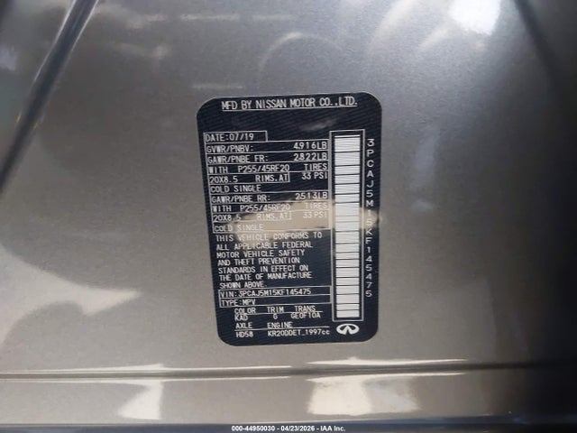 44950030 :رقم المزاد ، 3PCAJ5M15KF145475 vin ، 2019 Infiniti Qx50 Essential مزاد بيع